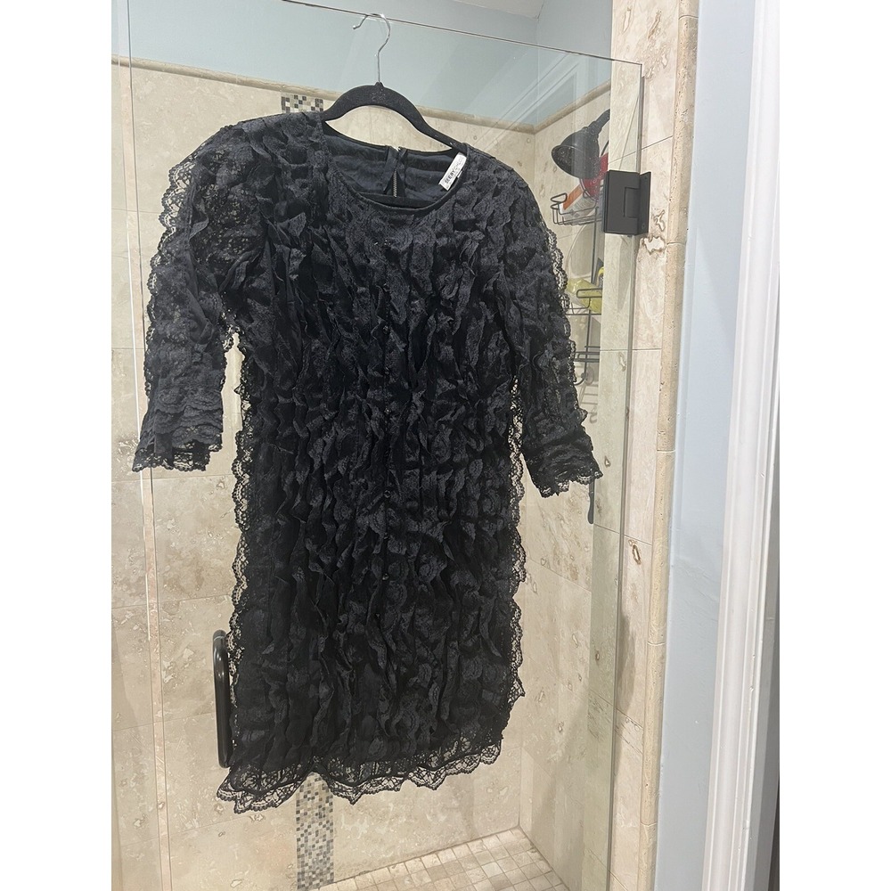 See by Chloe Black Ruffled Lace Dress Size 6 42 Short A-Line 3/4 Sleeve